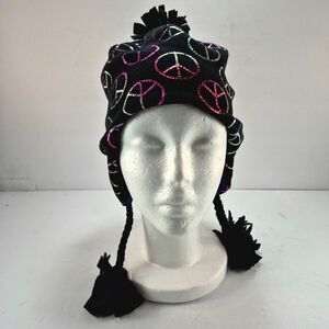 The Children's Place Black Fleece Earflap Winter Hat w/ Iridescent Peace Signs